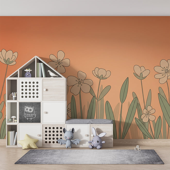 Papier peint chambre bébé | Fleurs délicates sur fond orange