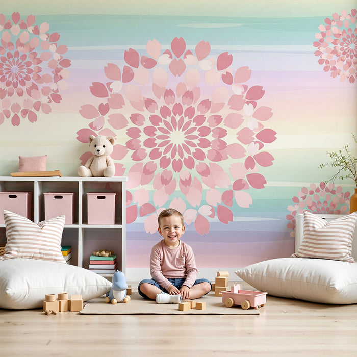 Lastenhuoneen tapetti | Herkät kukat vaaleanpunaisella pohjalla