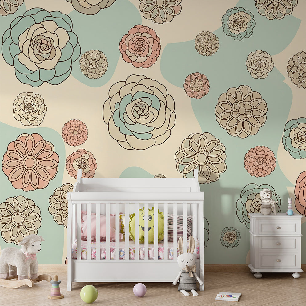 Nursery wallpaper | Pastel flowers on a mint and cream background ...