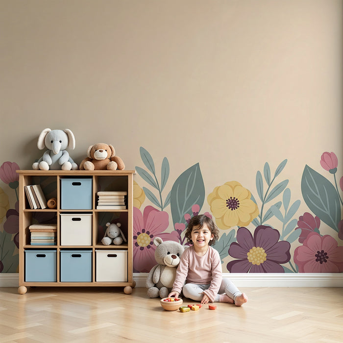 Papier peint chambre bébé | Fleurs délicates sur fond pastel