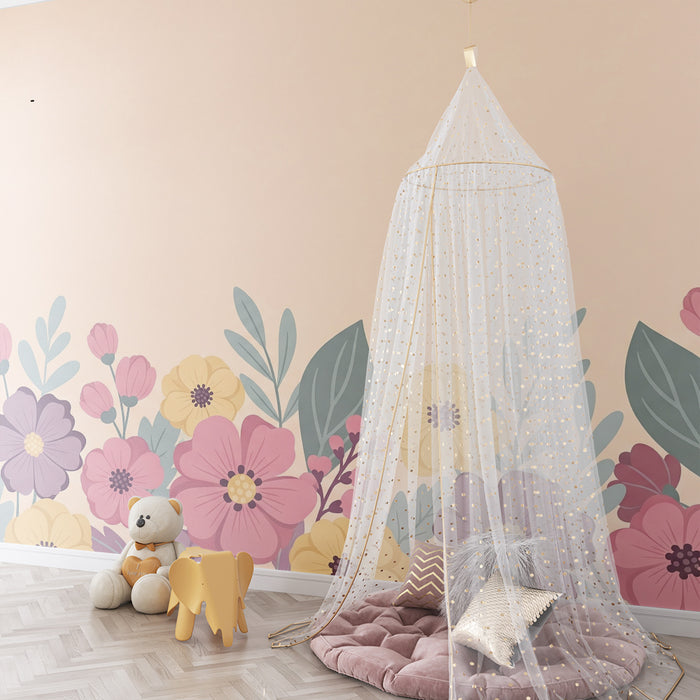Papier peint chambre bébé | Fleurs délicates sur fond pastel