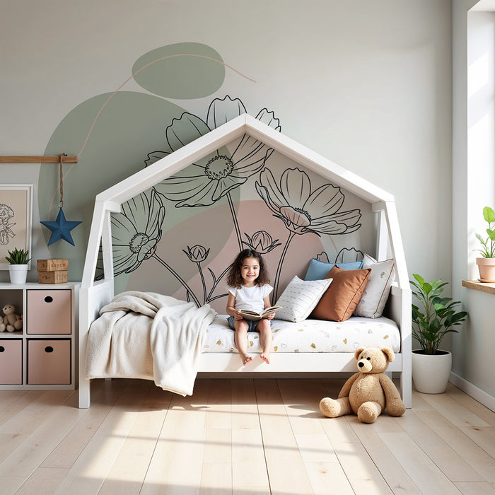 Babykamer behang | Delicate bloemen op een pastel achtergrond met abstracte vormen