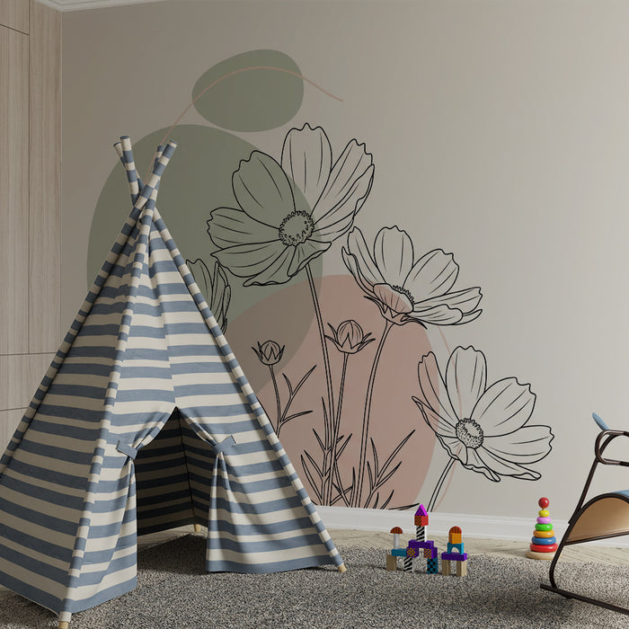 Babykamer behang | Delicate bloemen op een pastel achtergrond met abstracte vormen