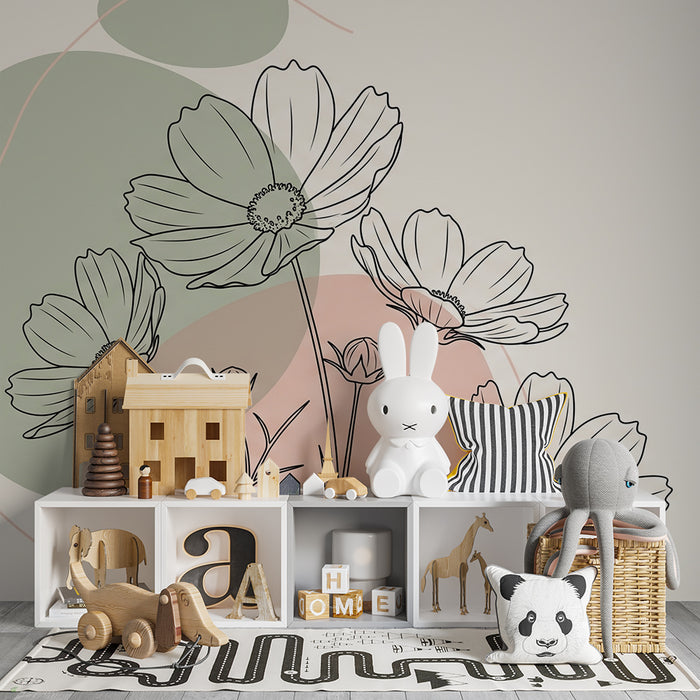 Babykamer behang | Delicate bloemen op een pastel achtergrond met abstracte vormen