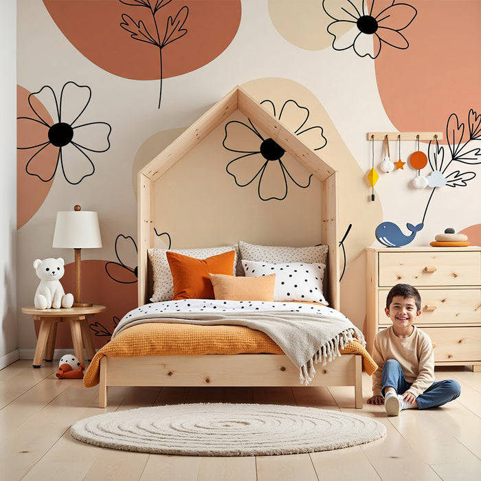 Papier peint chambre bébé | Fleurs délicates sur fond pastel avec formes organiques