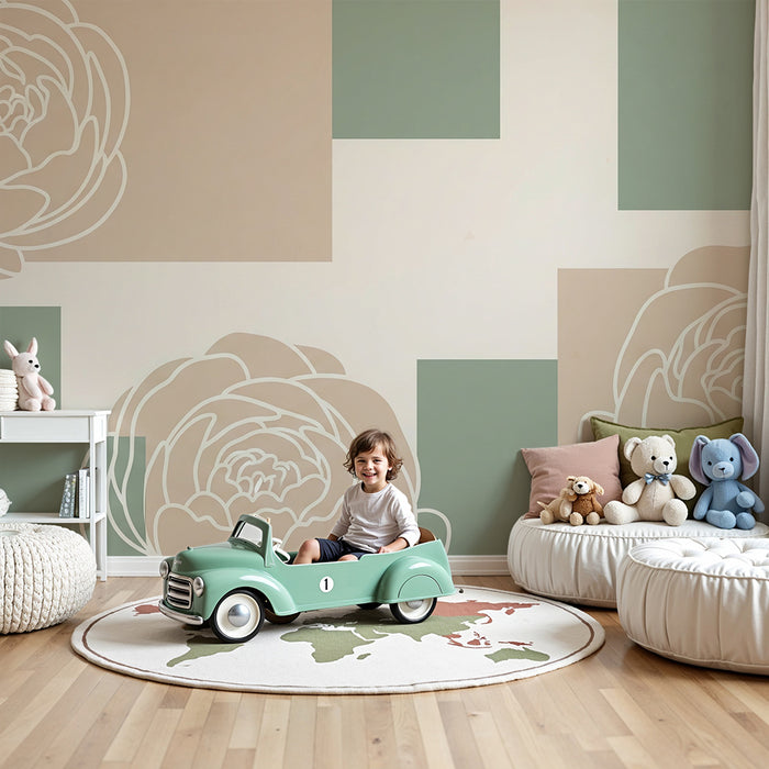 Papier peint chambre bébé | Fleurs délicates sur fond pastel avec motifs géométriques