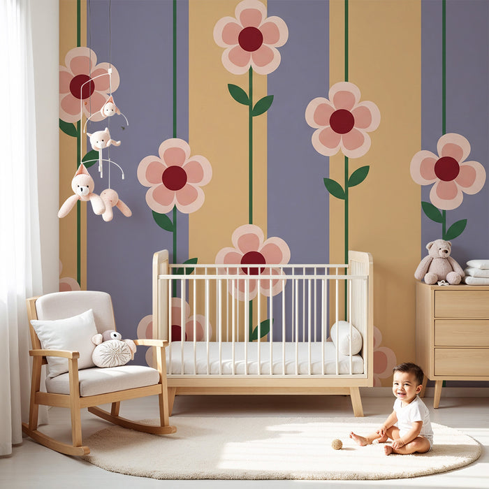 Papier peint chambre bébé | Fleurs délicates sur fond pastel avec rayures
