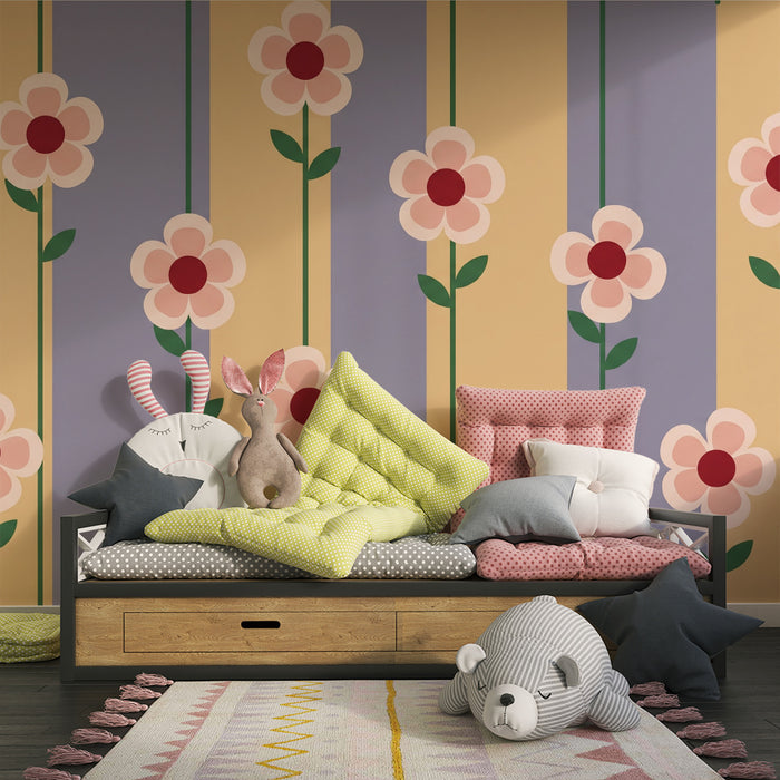 Papier peint chambre bébé | Fleurs délicates sur fond pastel avec rayures