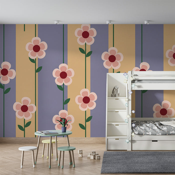 Papier peint chambre bébé | Fleurs délicates sur fond pastel avec rayures