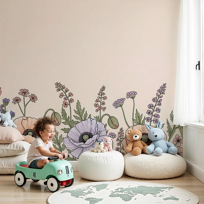 Papier peint chambre bébé | Fleurs délicates sur fond pastel dans une ambiance douce