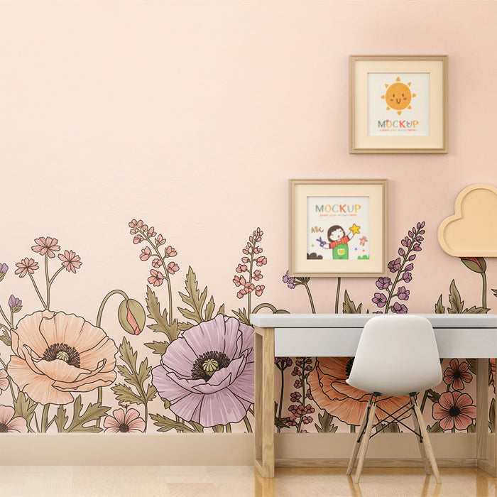 Papier peint chambre bébé | Fleurs délicates sur fond pastel dans une ambiance douce