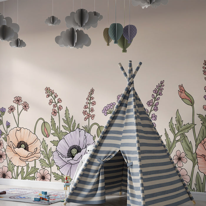 Papier peint chambre bébé | Fleurs délicates sur fond pastel dans une ambiance douce