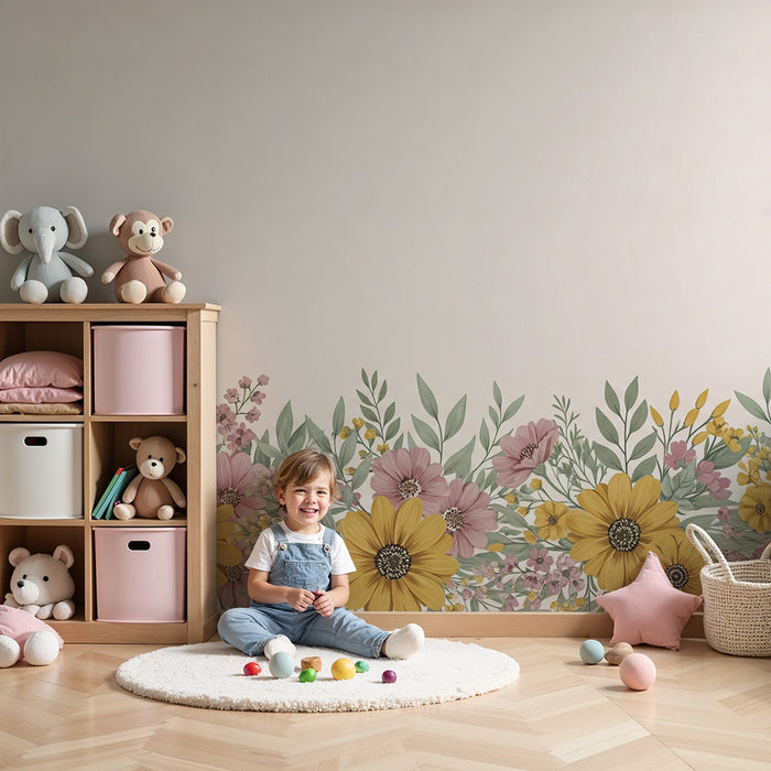 Papier peint chambre bébé | Fleurs délicates sur fond pastel et doux