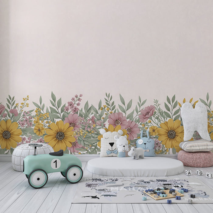 Papier peint chambre bébé | Fleurs délicates sur fond pastel et doux