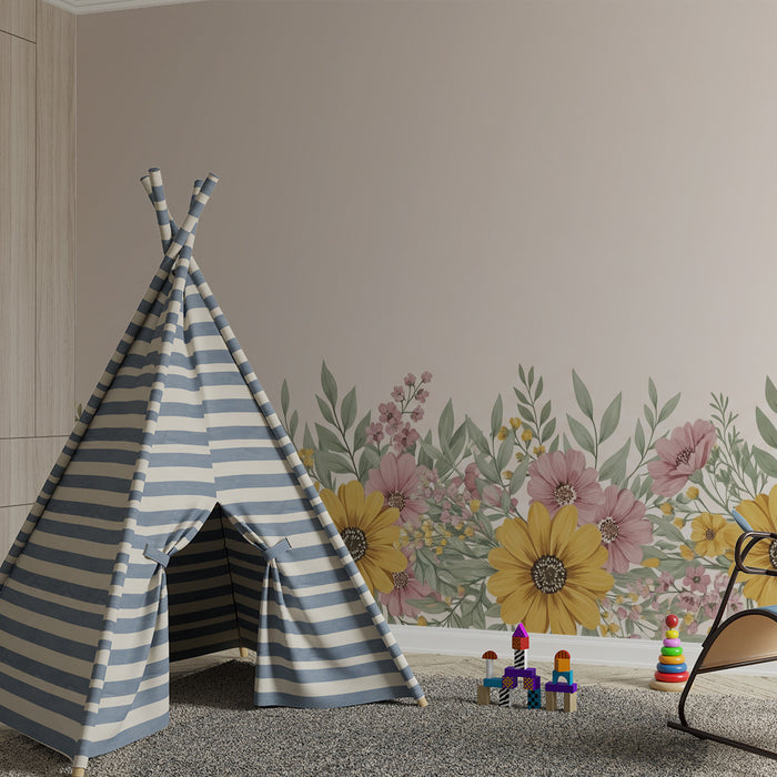 Papier peint chambre bébé | Fleurs délicates sur fond pastel et doux
