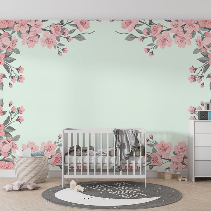 Barntapet | Delikata blommor på en pastellgrön bakgrund