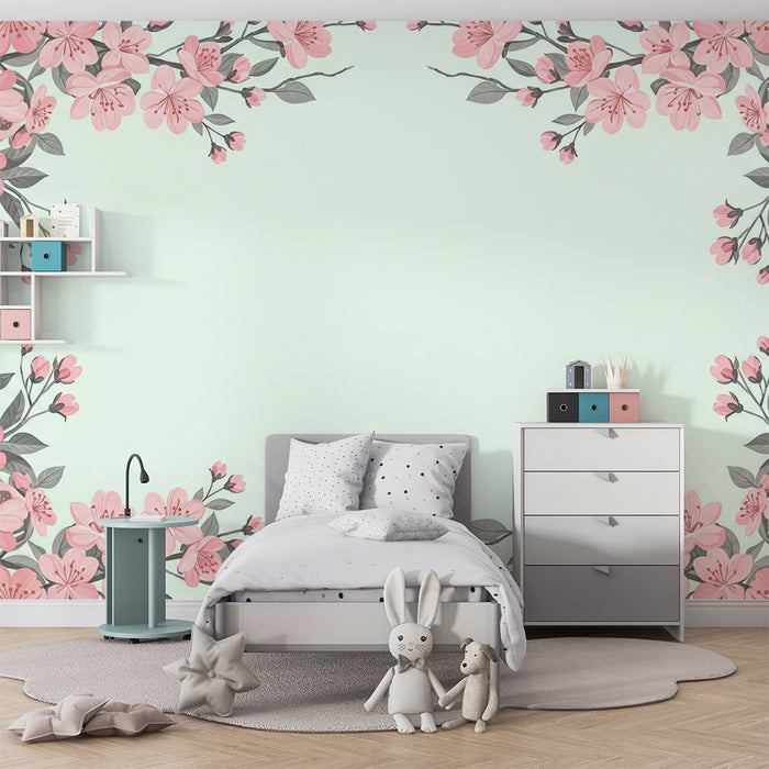 Barntapet | Delikata blommor på en pastellgrön bakgrund