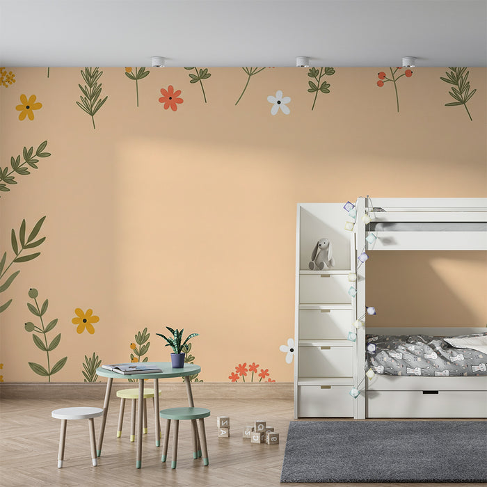 Tapet pentru camera copilului | Flori delicate pe fond de piersici
