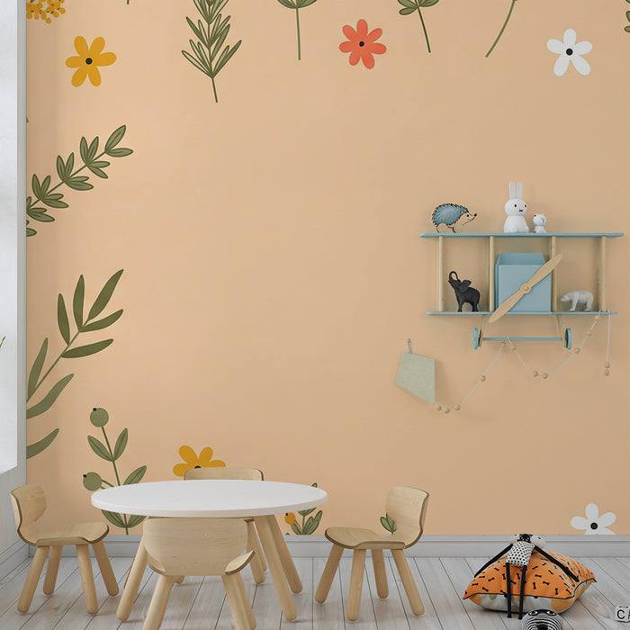 Tapet pentru camera copilului | Flori delicate pe fond de piersici