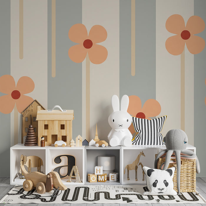 Papier peint chambre bébé | Fleurs délicates sur fond rayé aux teintes douces