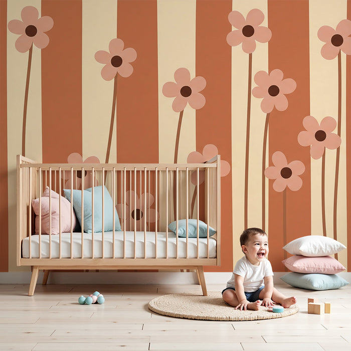 Papier peint chambre bébé | Fleurs délicates sur fond rayé aux tons doux