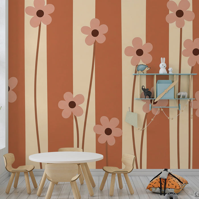 Papier peint chambre bébé | Fleurs délicates sur fond rayé aux tons doux