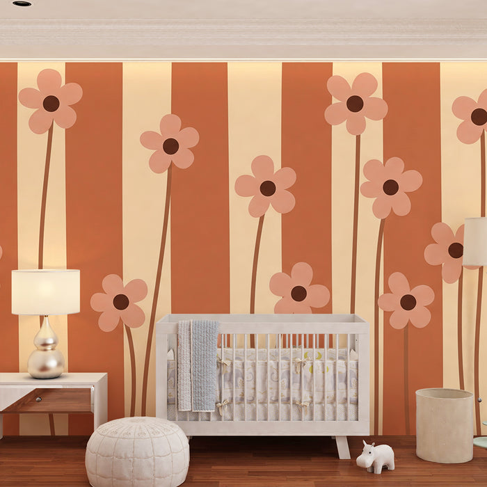 Papier peint chambre bébé | Fleurs délicates sur fond rayé aux tons doux