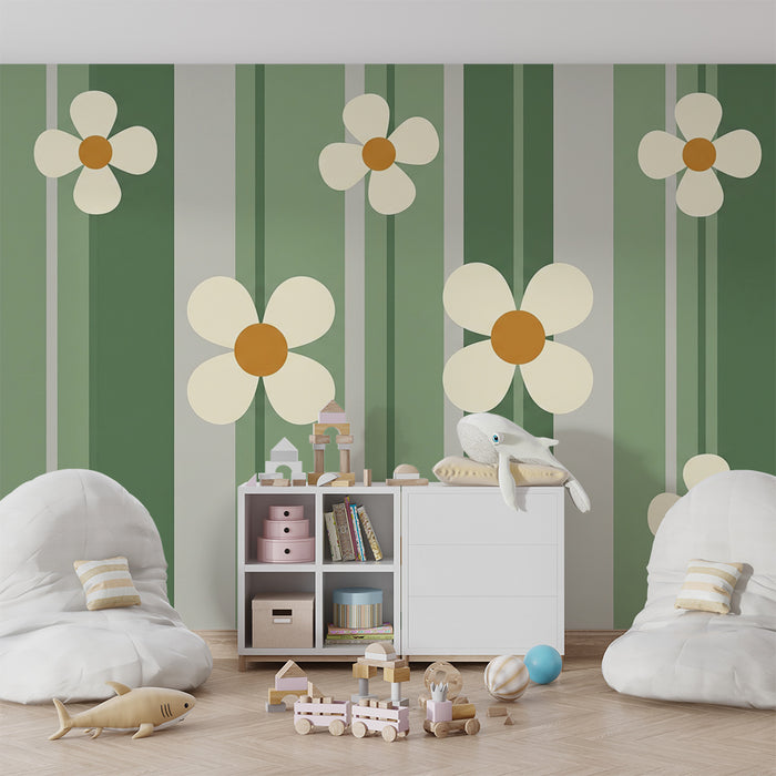 Papier peint chambre bébé | Fleurs délicates sur fond rayé vert et beige