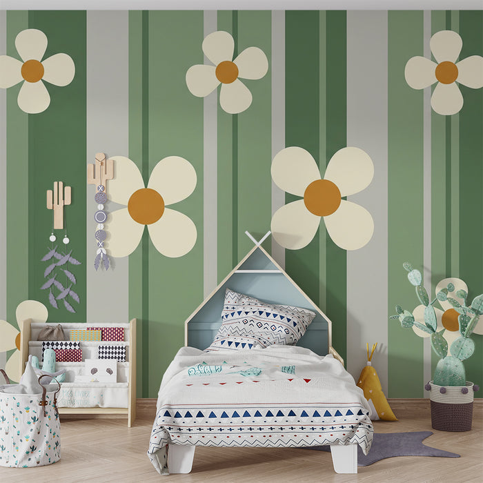 Papier peint chambre bébé | Fleurs délicates sur fond rayé vert et beige