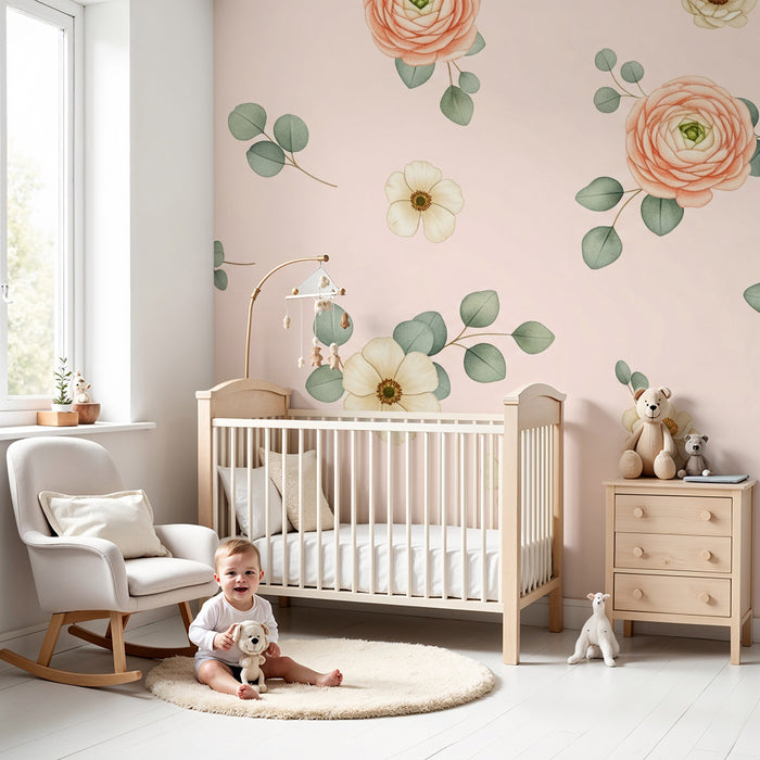Papier peint chambre bébé | Fleurs délicates sur fond rose
