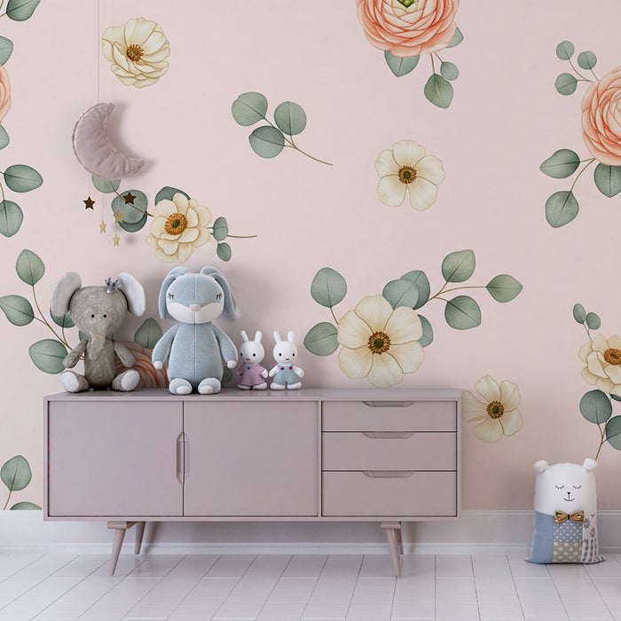 Papier peint chambre bébé | Fleurs délicates sur fond rose