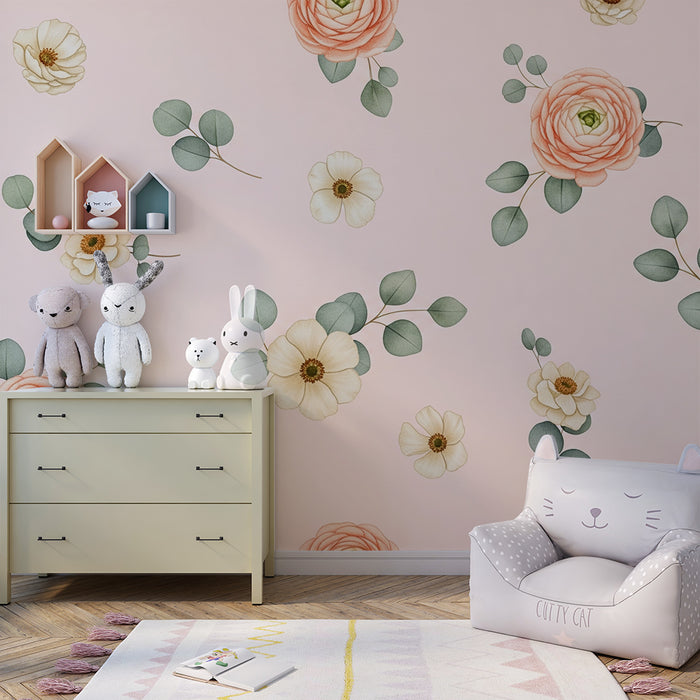 Papier peint chambre bébé | Fleurs délicates sur fond rose