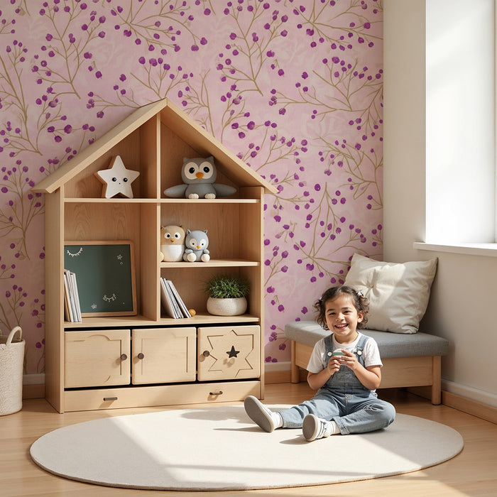 Baby room wallpaper | Delicate flowers on a pink background with purple berries