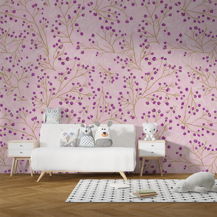 Baby room wallpaper | Delicate flowers on a pink background with purple berries
