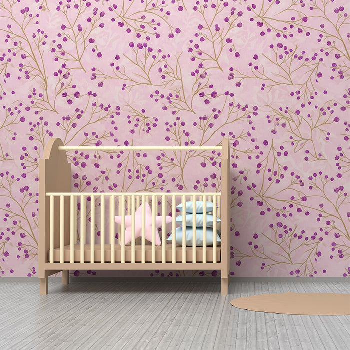 Baby room wallpaper | Delicate flowers on a pink background with purple berries