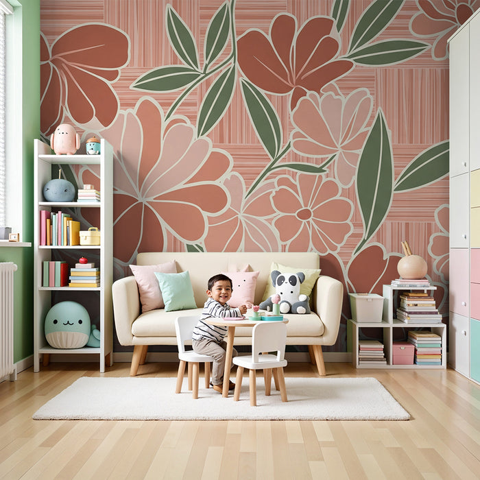 Papier peint chambre bébé | Fleurs délicates sur fond rose avec feuillage vert