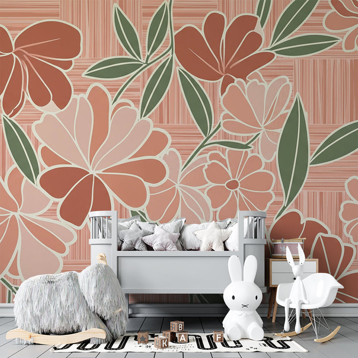 Papier peint chambre bébé | Fleurs délicates sur fond rose avec feuillage vert