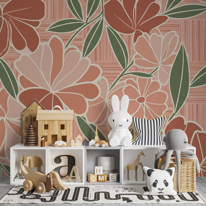 Papier peint chambre bébé | Fleurs délicates sur fond rose avec feuillage vert