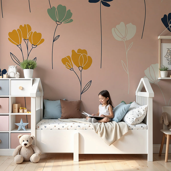 Babyroms tapet | Fine blomster på rosa pastellbakgrunn