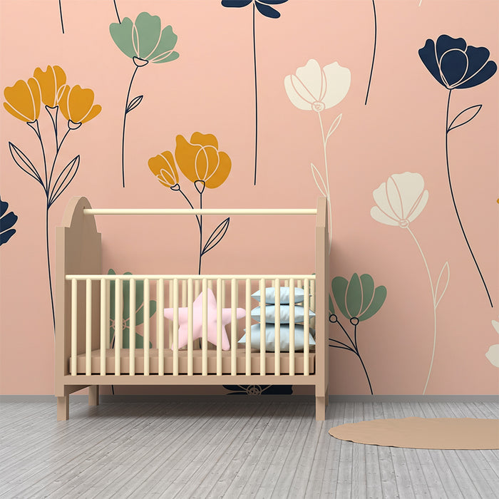 Babyroms tapet | Fine blomster på rosa pastellbakgrunn