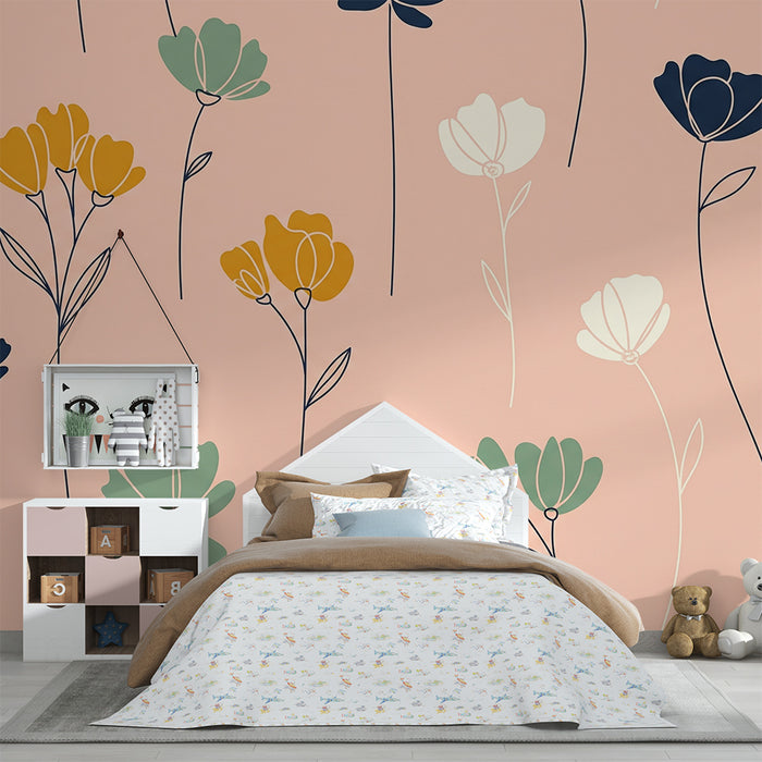 Babyroms tapet | Fine blomster på rosa pastellbakgrunn