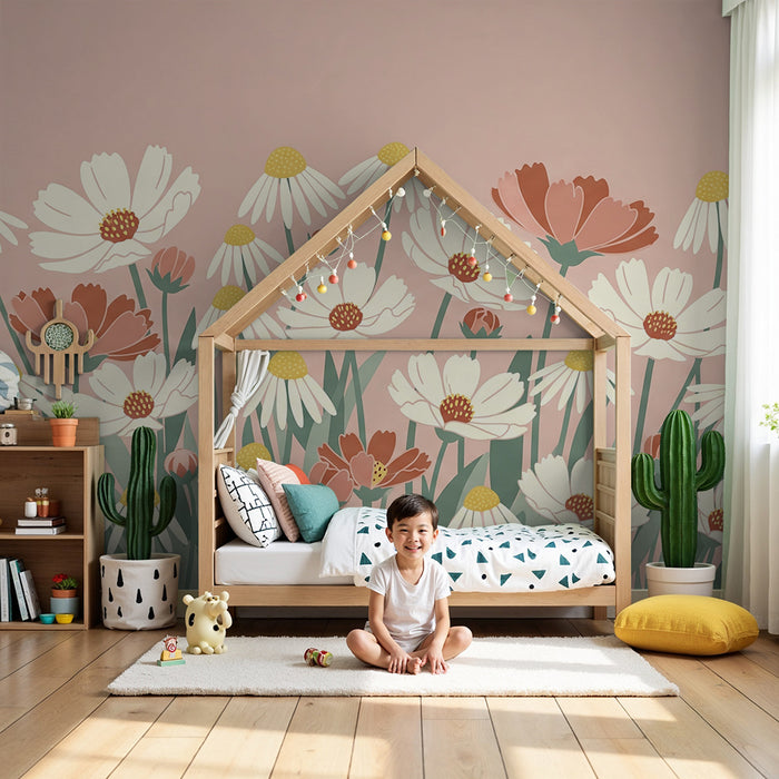 Babykamer behang | Delicate bloemen op een pastelroze achtergrond