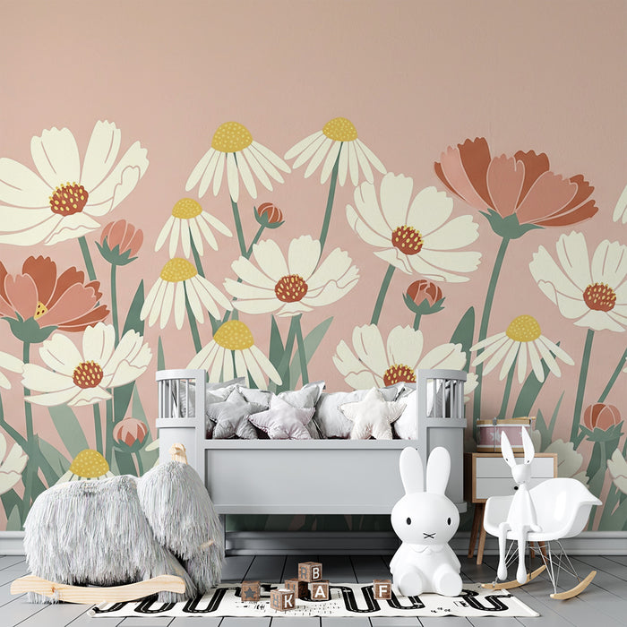 Babykamer behang | Delicate bloemen op een pastelroze achtergrond