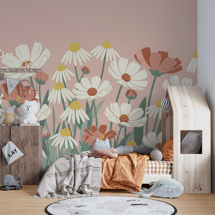 Babykamer behang | Delicate bloemen op een pastelroze achtergrond