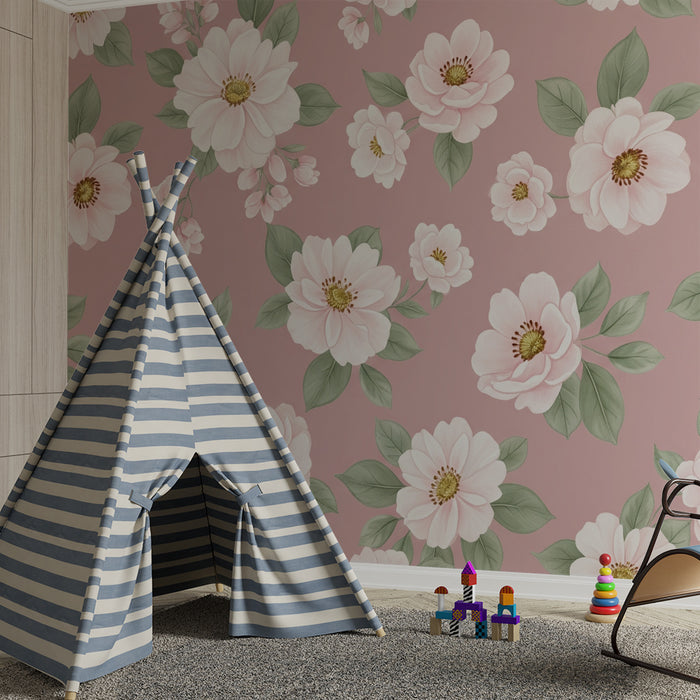 Papier peint chambre bébé | Fleurs délicates sur fond rose poudré