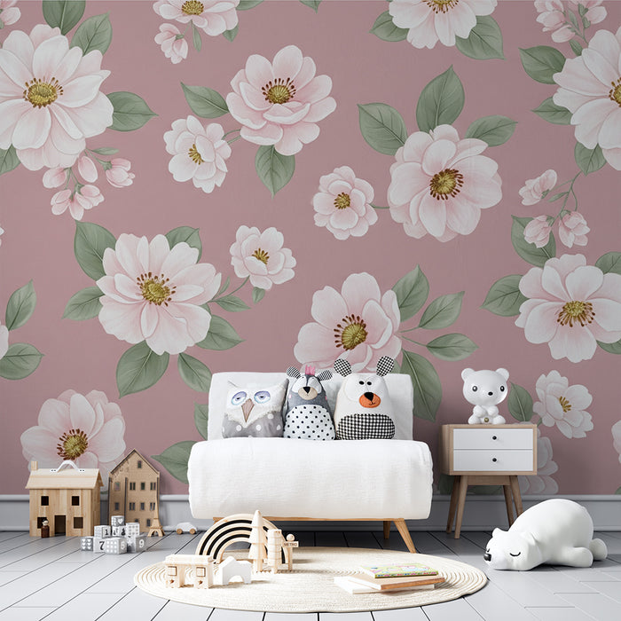 Papier peint chambre bébé | Fleurs délicates sur fond rose poudré