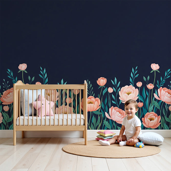 Papier peint chambre bébé | Fleurs délicates sur fond sombre