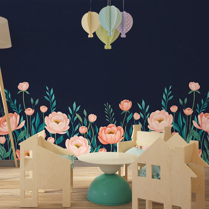 Papier peint chambre bébé | Fleurs délicates sur fond sombre