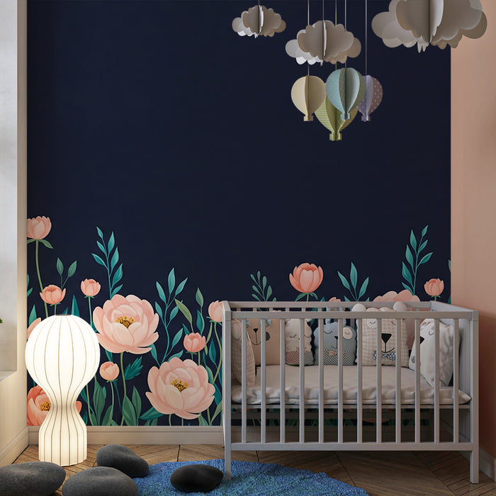 Papier peint chambre bébé | Fleurs délicates sur fond sombre