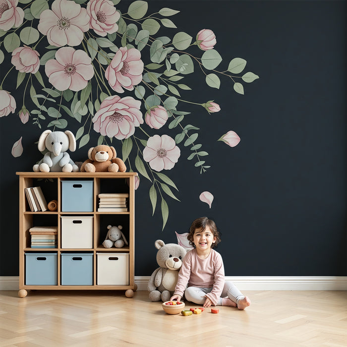 Papier peint chambre bébé | Fleurs délicates sur fond sombre